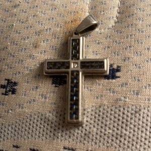 Cross pendant blue with checkered black and a diamond (not sure if real) steel